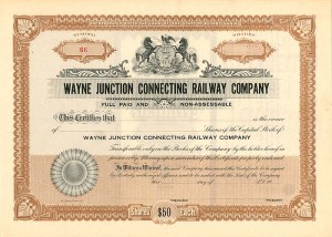 Wayne Junction Connecting Railway Co. - Unissued Railroad Stock Certificate